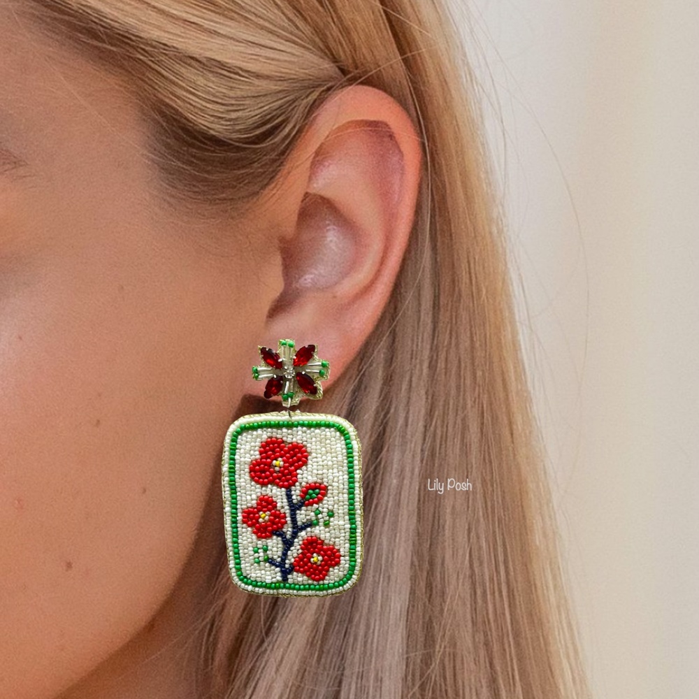 Beaded Floral & Bird Drop Earrings - Red, Green, White - Picture 3 of 3